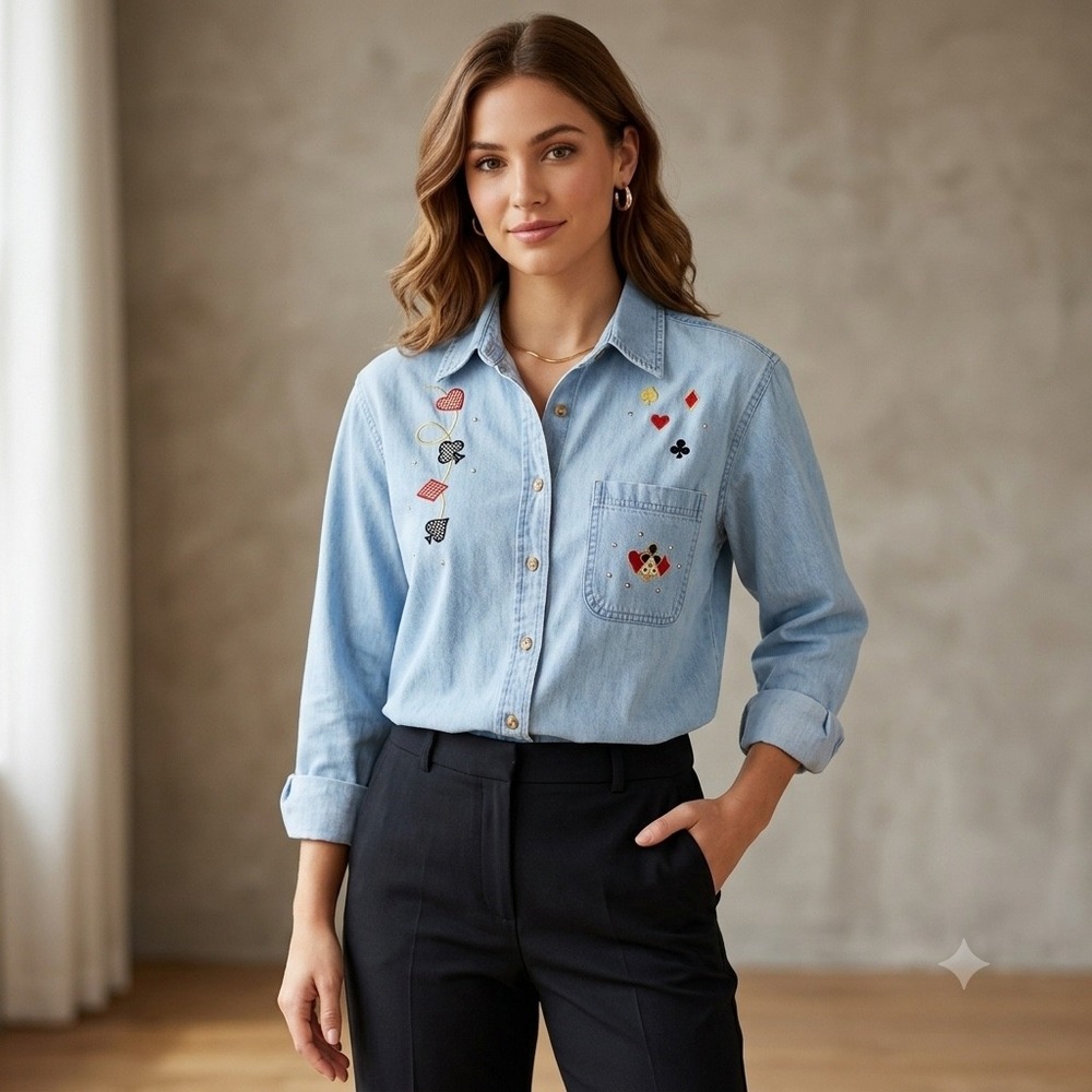 Vintage ⁠Las Olas Womens Size XL Denim Shirt Blue Embroidered Casino Card Dice